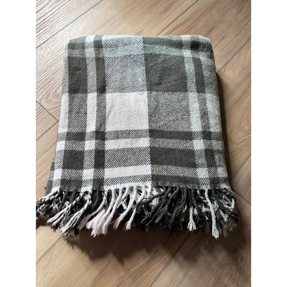 TEXTEIS PENEDO Oversized Throw Blanket Green Ivory Plaid Fringe Portugal 50x60